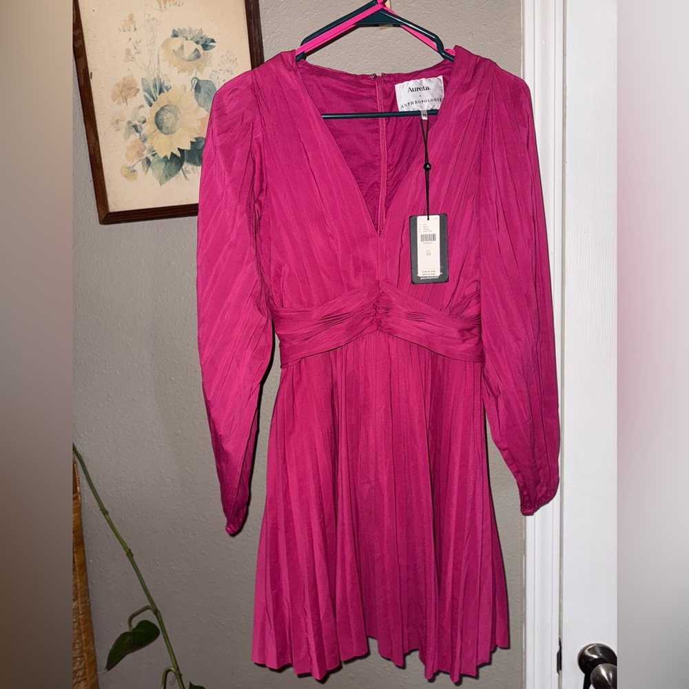 Anthropologie Pink Wrap dress with Bishop Sleeves